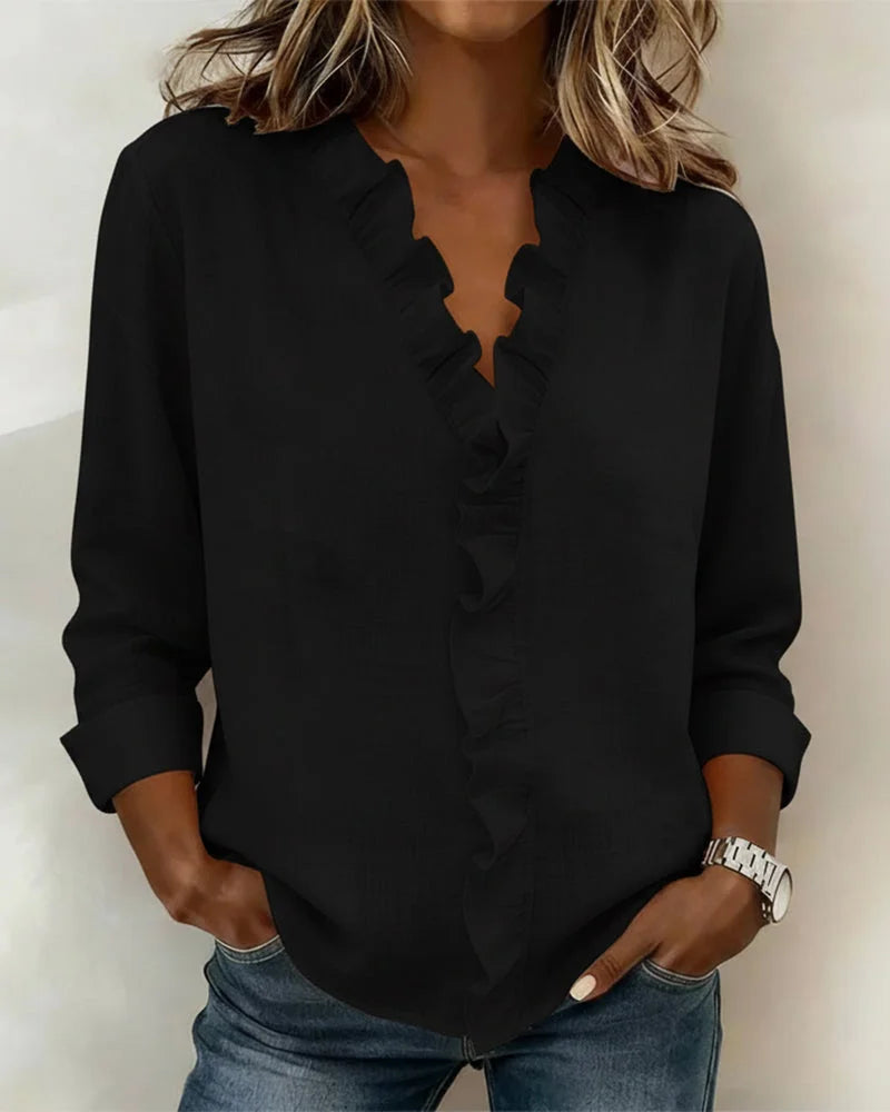 Dames blouse met ruches, V-hals en lange mouwen