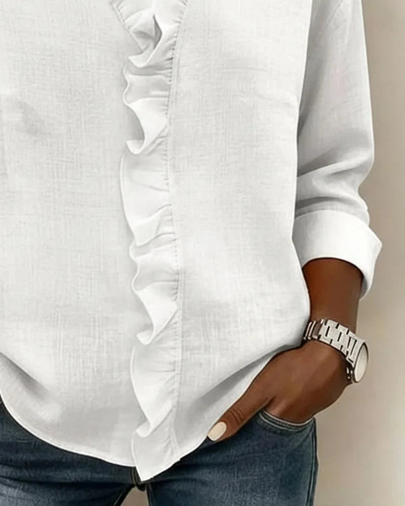 Dames blouse met ruches, V-hals en lange mouwen