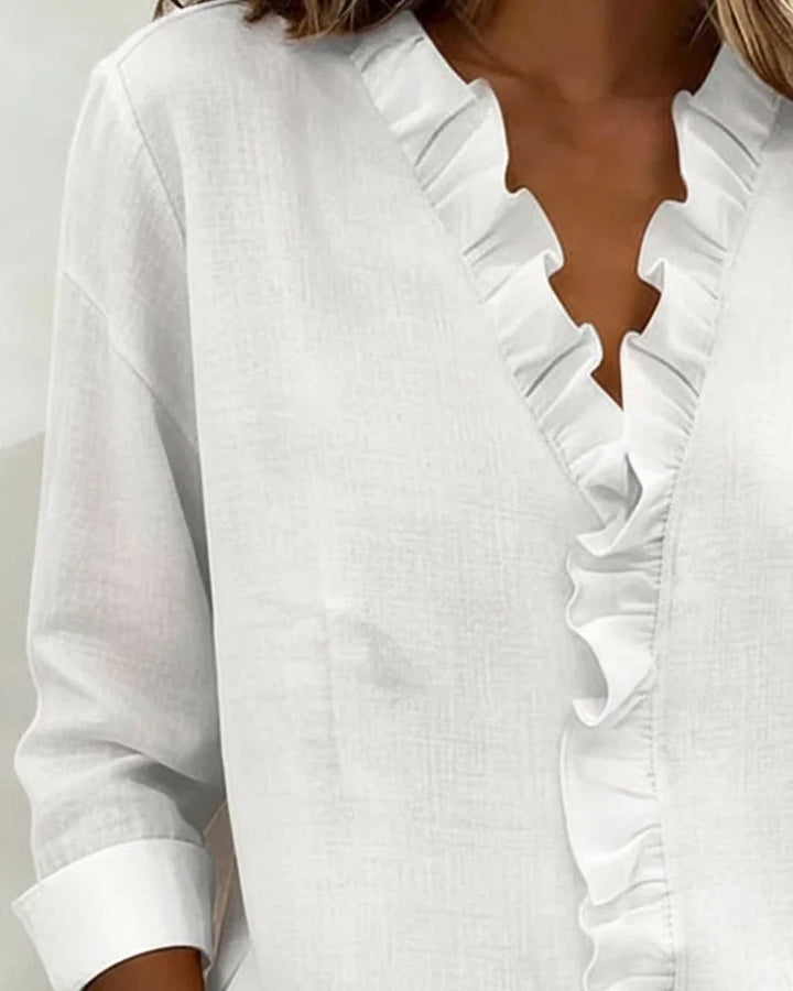 Dames blouse met ruches, V-hals en lange mouwen