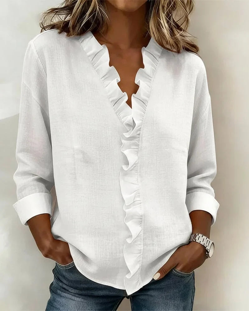 Dames blouse met ruches, V-hals en lange mouwen