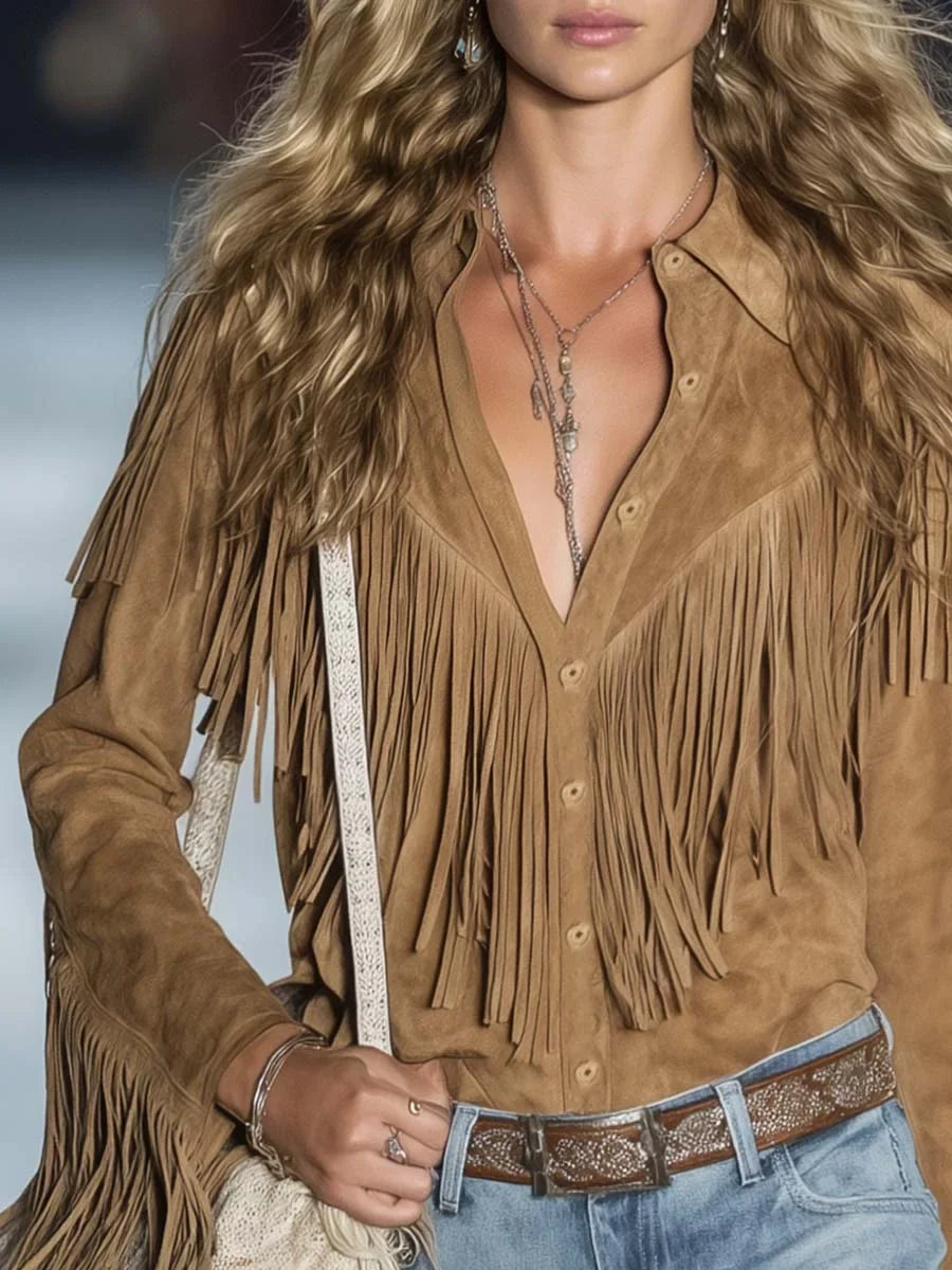 Suède western blouse met franjes
