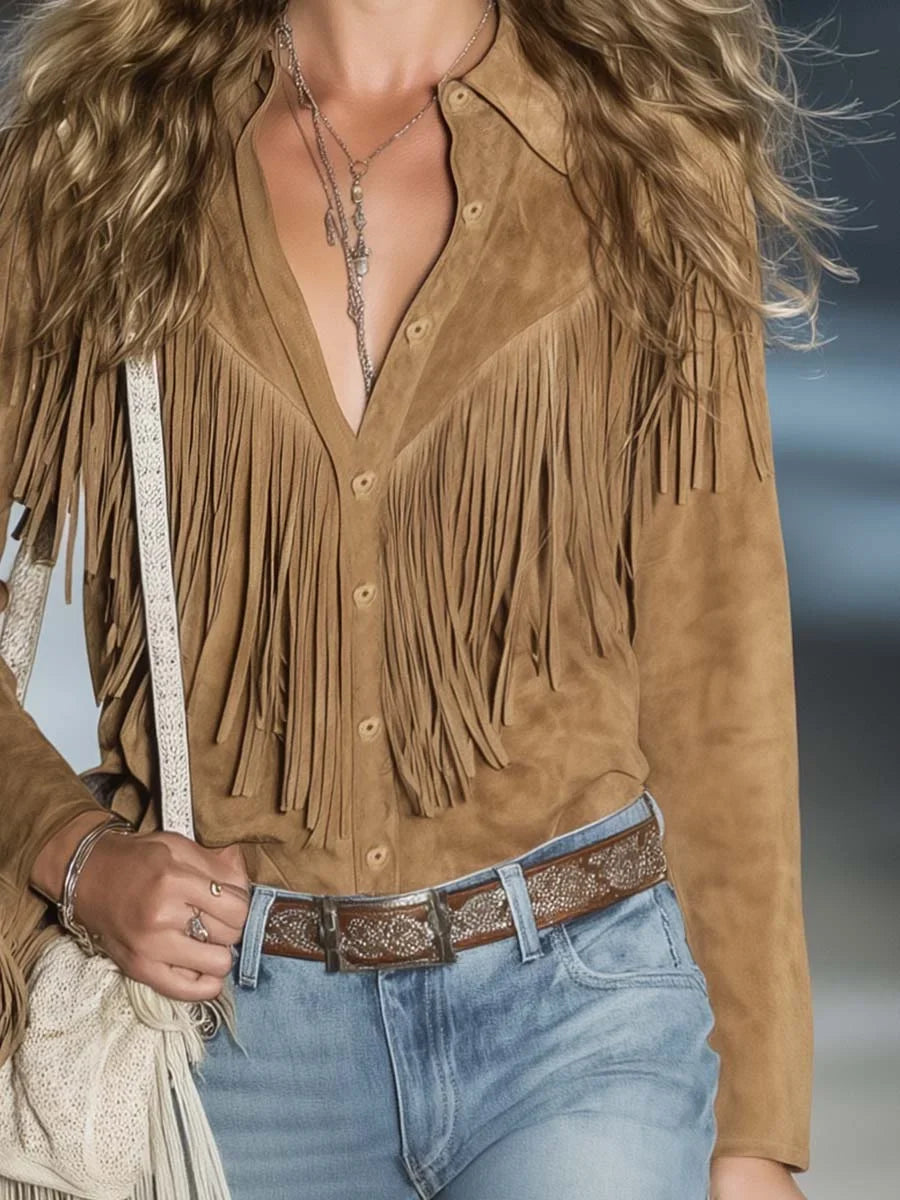Suède western blouse met franjes