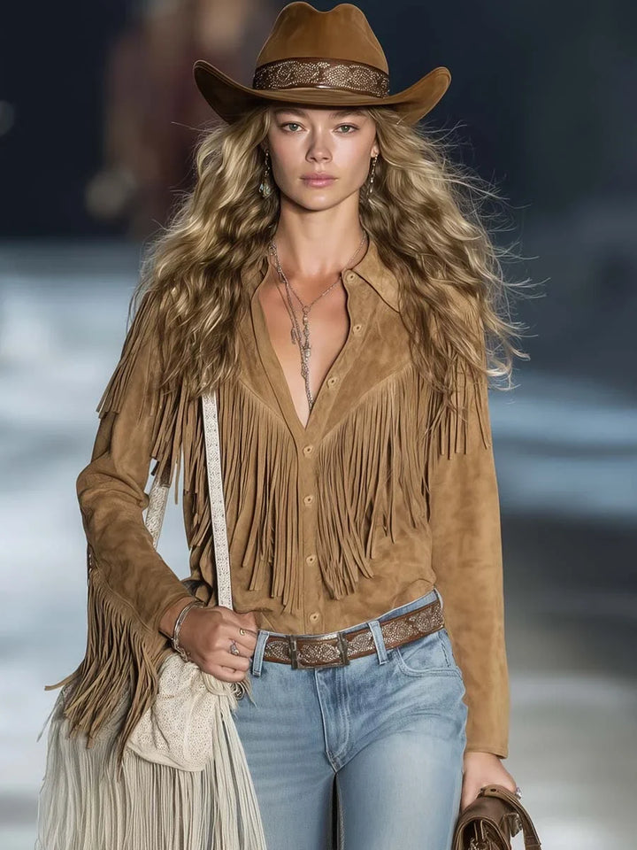 Suède western blouse met franjes