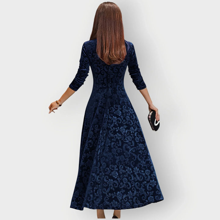 Vintage bloemenreliëf fluwelen midi-jurk met V-hals