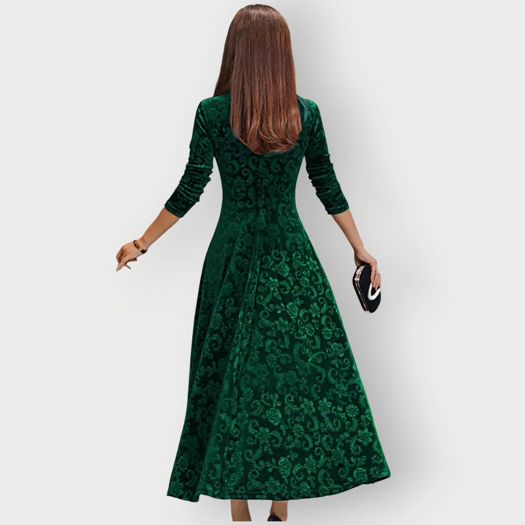 Vintage bloemenreliëf fluwelen midi-jurk met V-hals