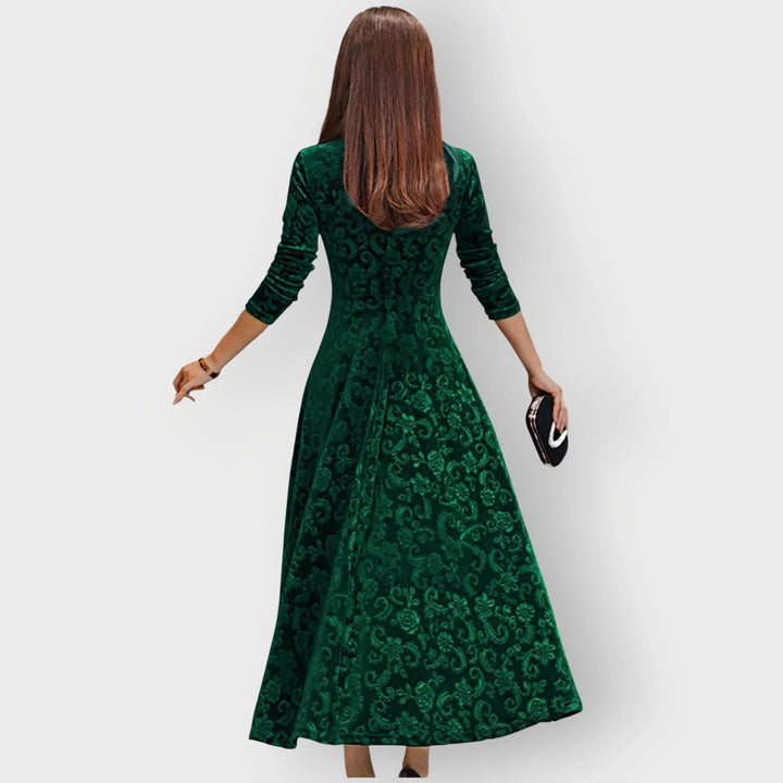 Vintage bloemenreliëf fluwelen midi-jurk met V-hals