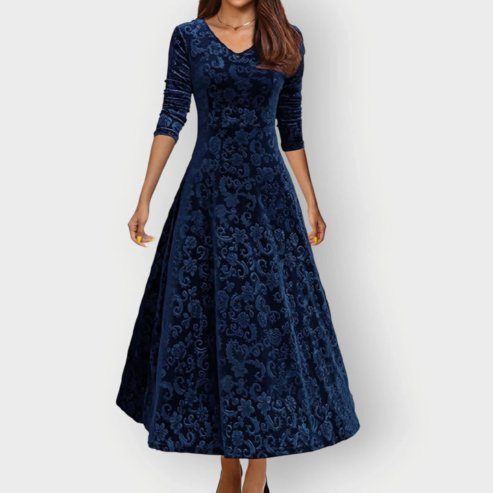 Vintage bloemenreliëf fluwelen midi-jurk met V-hals