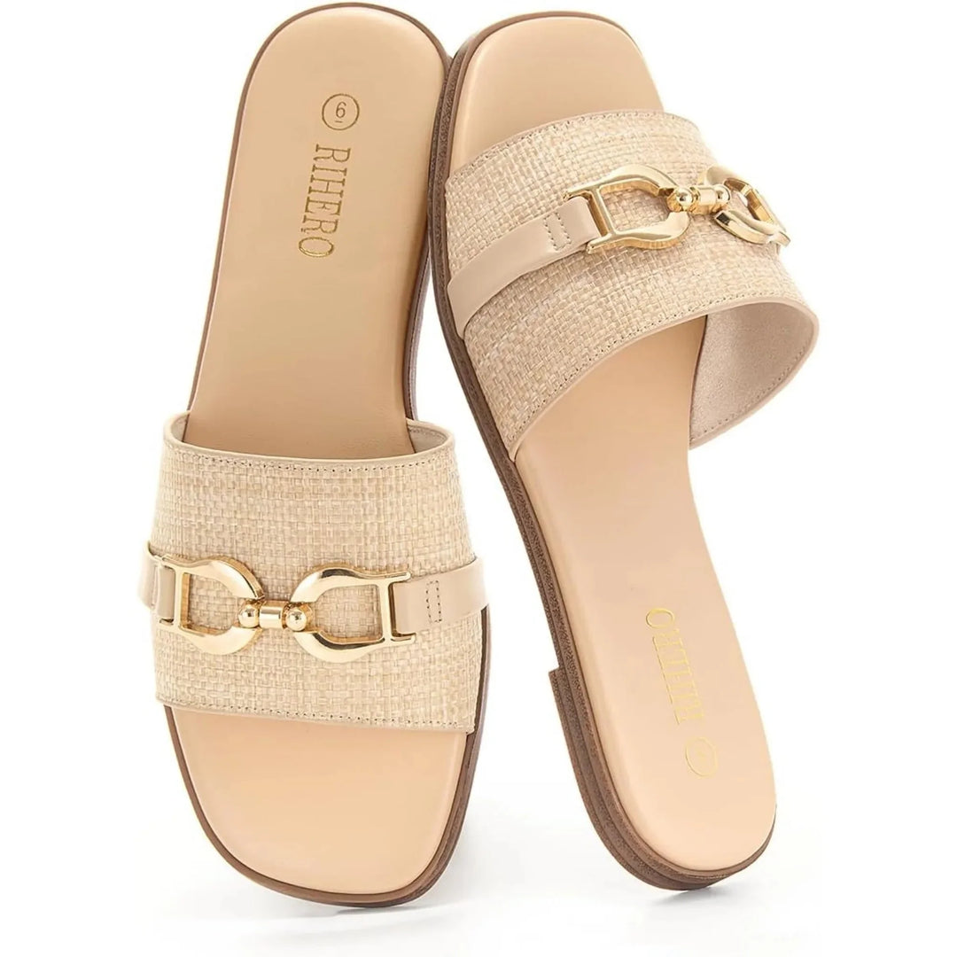 Geweven slide sandalen met decoratieve gespdetail