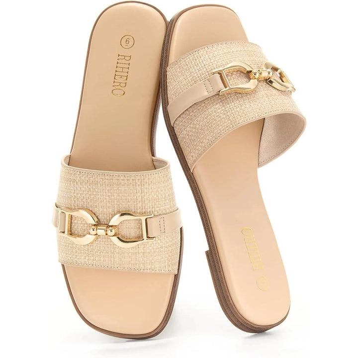 Geweven slide sandalen met decoratieve gespdetail