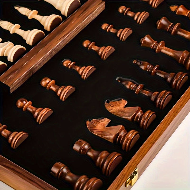 Houten schaakset met opklapbaar bord stukken en interne opbergvakken marmer