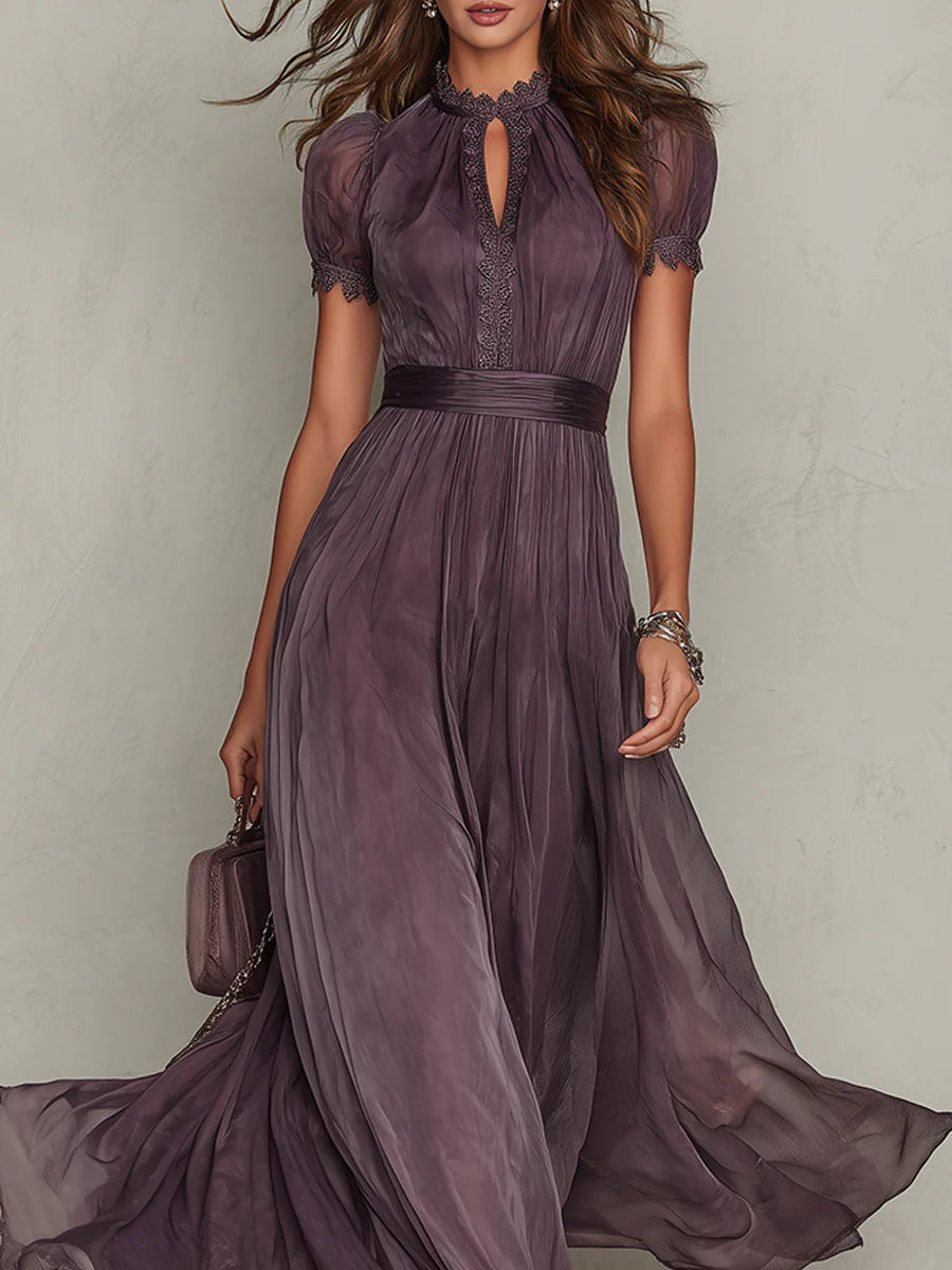 Dames maxi-jurk met kanten bies en gerimpelde taille voor speciale gelegenheden